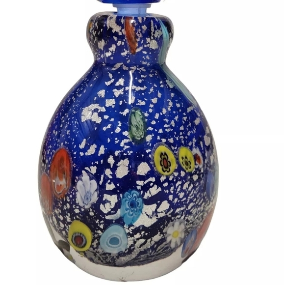 Murano Art Glass Perfume Bottle Cobalt Blue Silver Flecks Large Millefiori Vtg - Picture 7 of 7